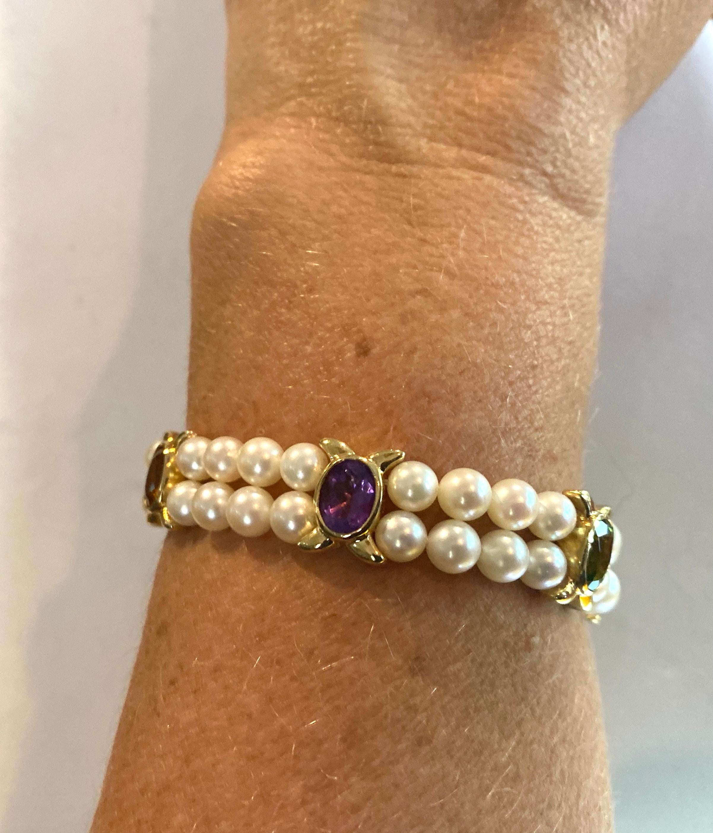 Women's Cultured Pearl and Semi Precious Stone Double Strand Bracelet For Sale