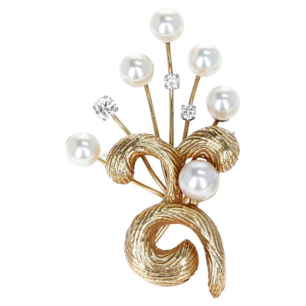 Cultured Pearl and Yellow Gold with Diamond Brooch For Sale