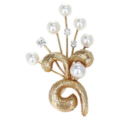Vintage Cultured Pearl and Yellow Gold with Diamond Brooch