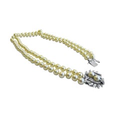 Cultured Pearl Antique 14 Karat White Gold Diamond Brooch, Double Strands