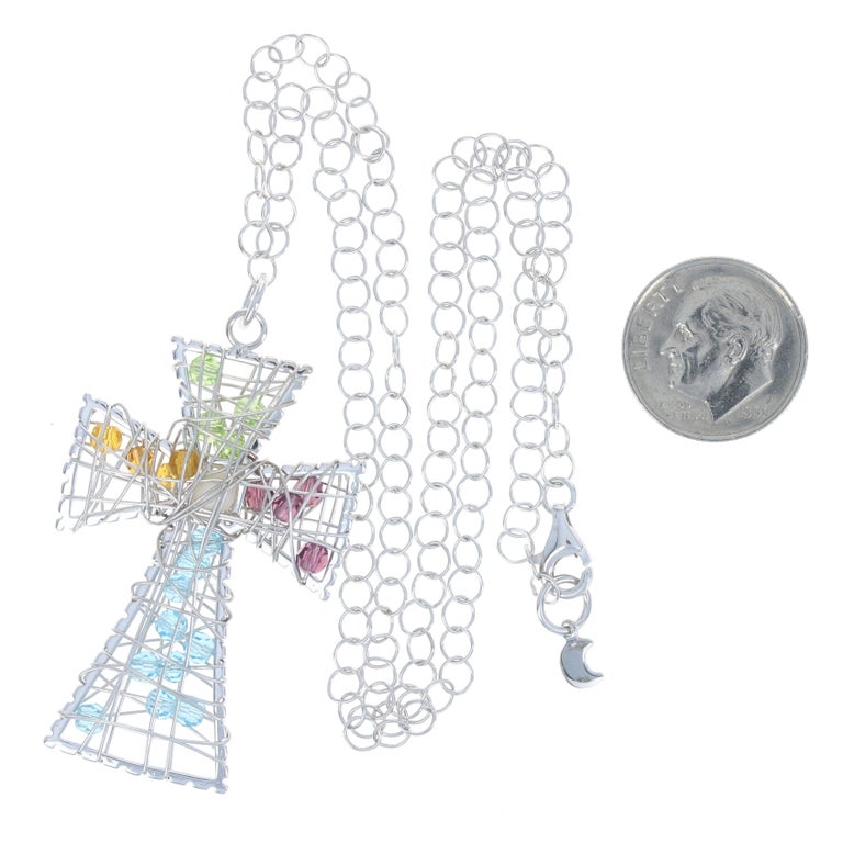 Cultured Pearl and Bead Wire Cross Pendant Necklace, 14k White Gold