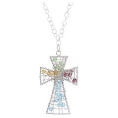 Cultured Pearl & Bead Wire Cross Pendant Necklace, 14k White Gold Italian