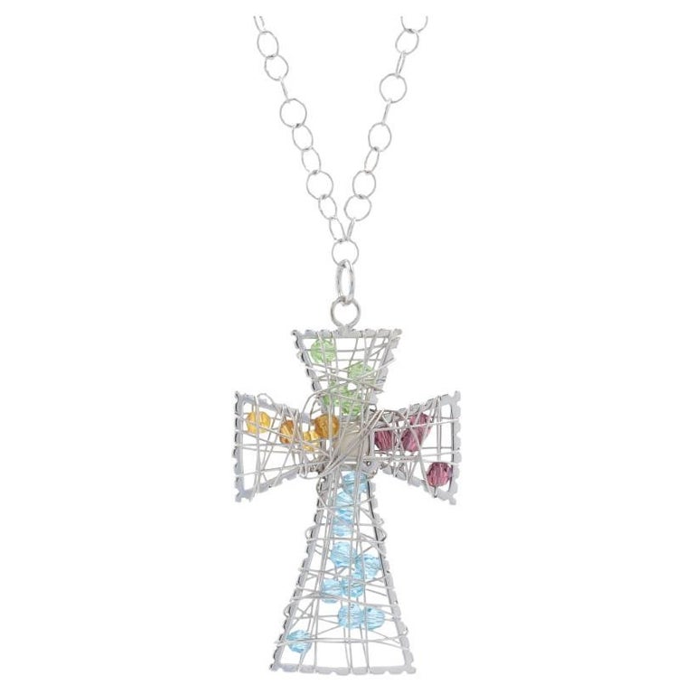 Cultured Pearl and Bead Wire Cross Pendant Necklace, 14k White Gold