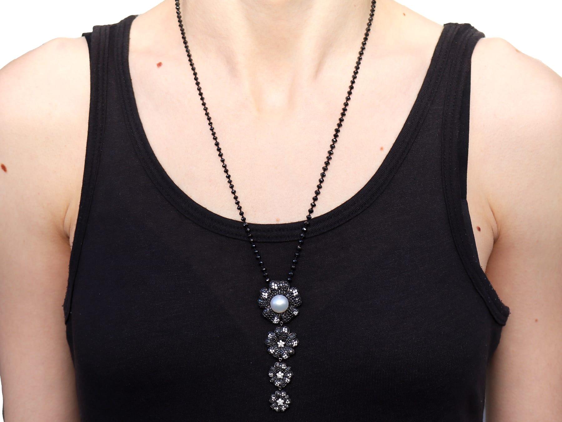Cultured Pearl, Black Diamond, White Diamond, 18k Oxidised White Gold Pendant For Sale 7