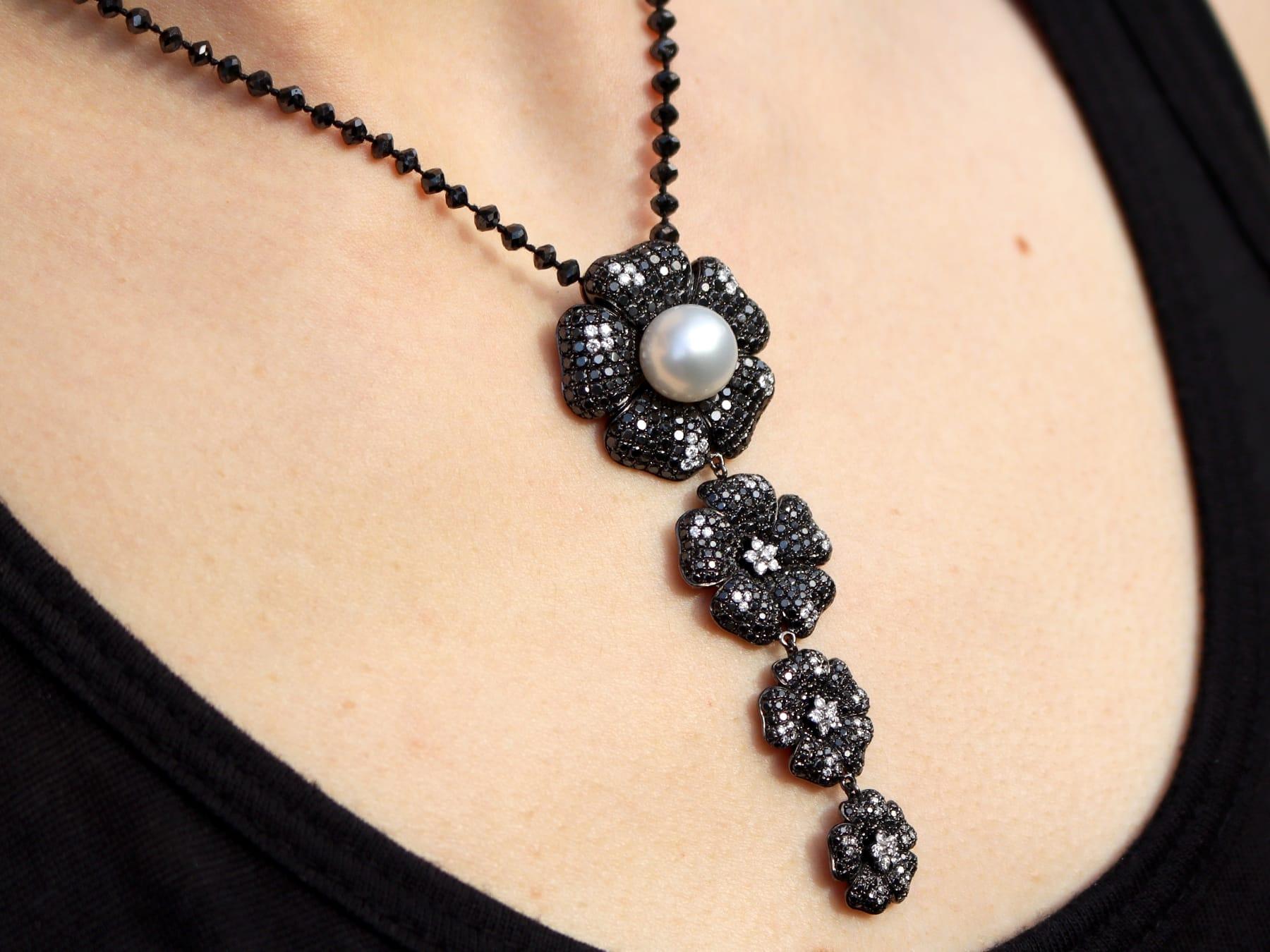 Cultured Pearl, Black Diamond, White Diamond, 18k Oxidised White Gold Pendant For Sale 8