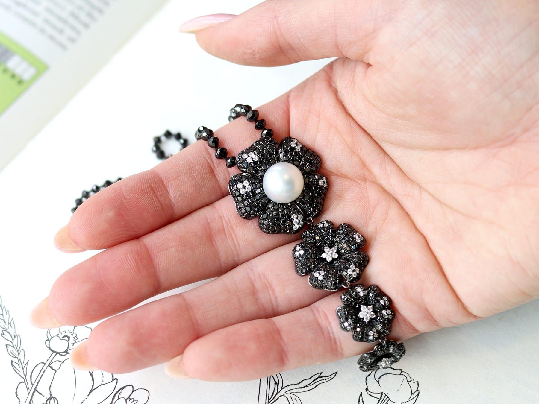 Round Cut Cultured Pearl, Black Diamond, White Diamond, 18k Oxidised White Gold Pendant For Sale