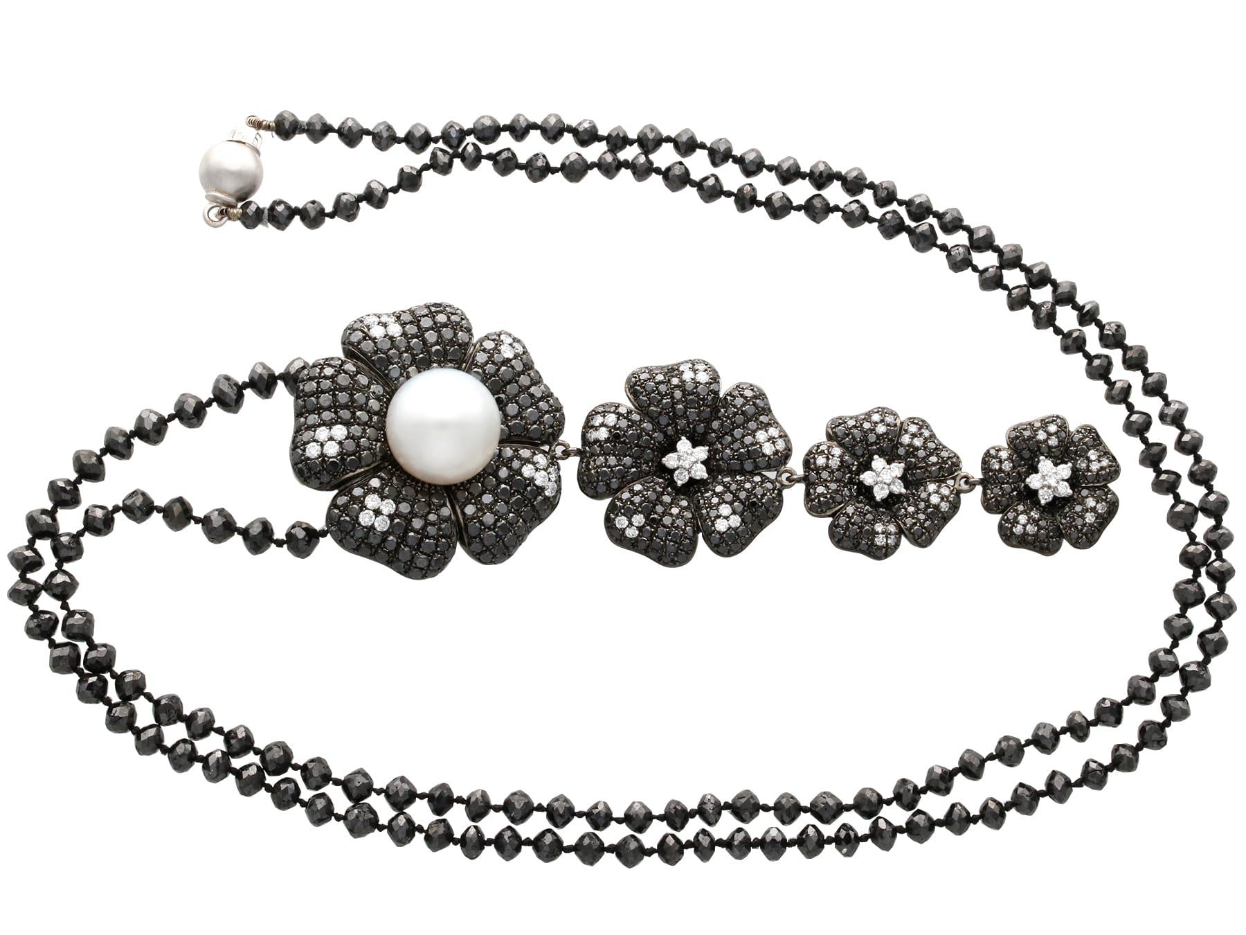 Women's or Men's Cultured Pearl, Black Diamond, White Diamond, 18k Oxidised White Gold Pendant For Sale
