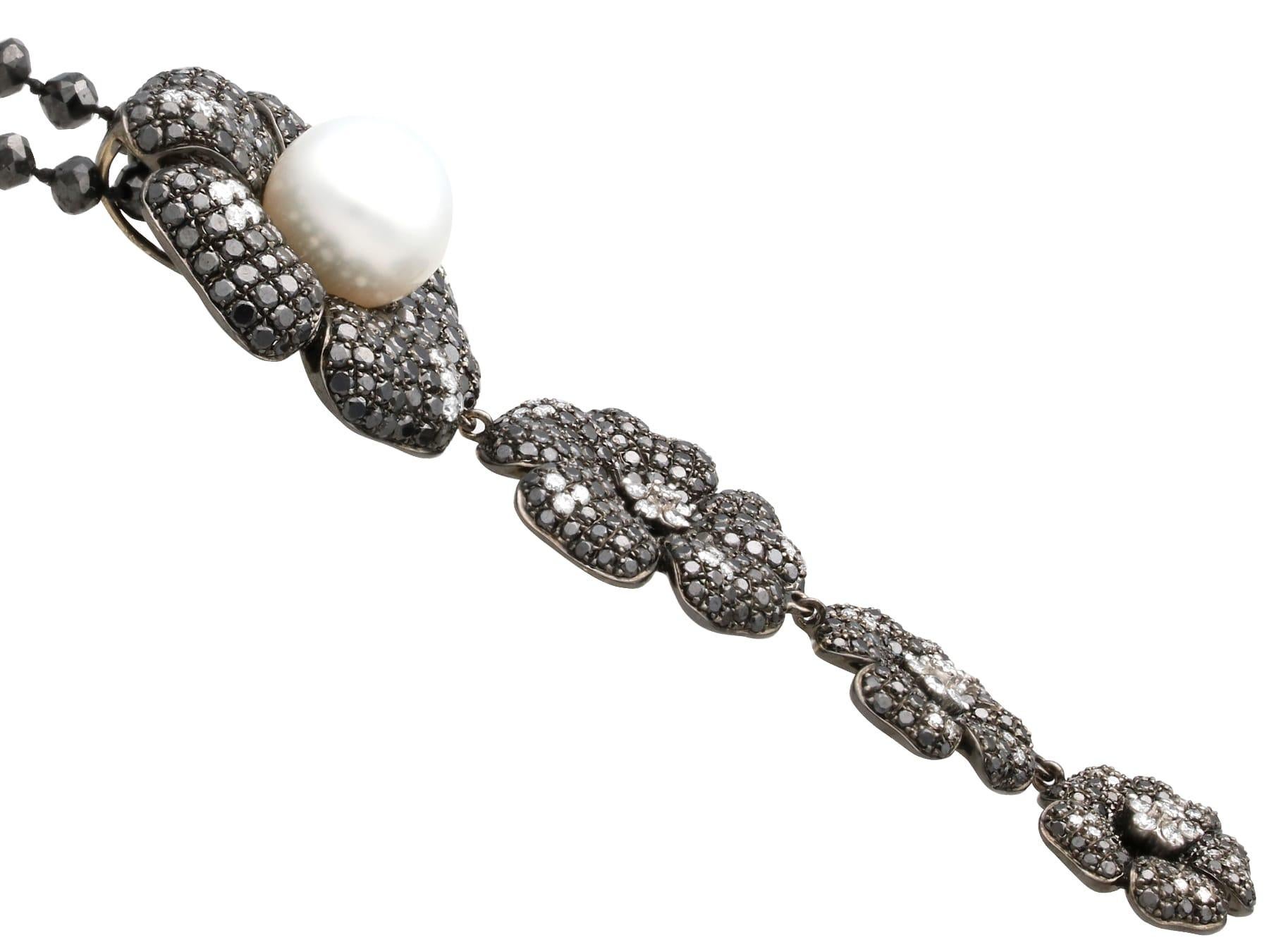 Cultured Pearl, Black Diamond, White Diamond, 18k Oxidised White Gold Pendant For Sale 1