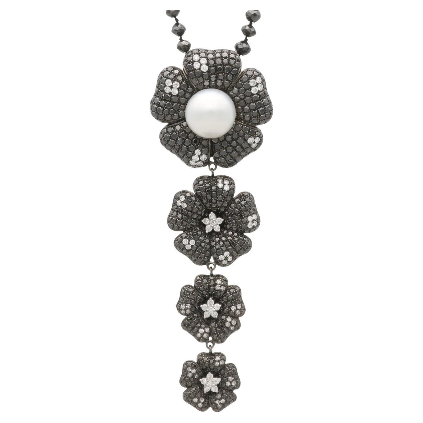 Cultured Pearl, Black Diamond, White Diamond, 18k Oxidised White Gold Pendant For Sale