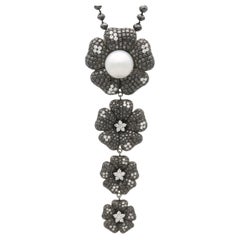 Cultured Pearl, Black Diamond, White Diamond, 18k Oxidised White Gold Pendant