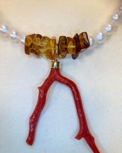 Cultured Pearl Burmese Amber Natural Coral Tree Gold Clasp Necklace