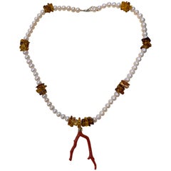 Cultured Pearl Burmese Amber Natural Coral Tree Gold Clasp Necklace