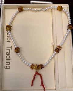 Cultured Pearl Burmese Amber Natural Coral Tree Gold Clasp Necklace
