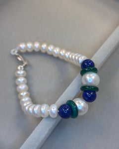 Cultured Pearl Burmese Jade Natural Lapis Lazuli Gold Clasp Bead Bracelet