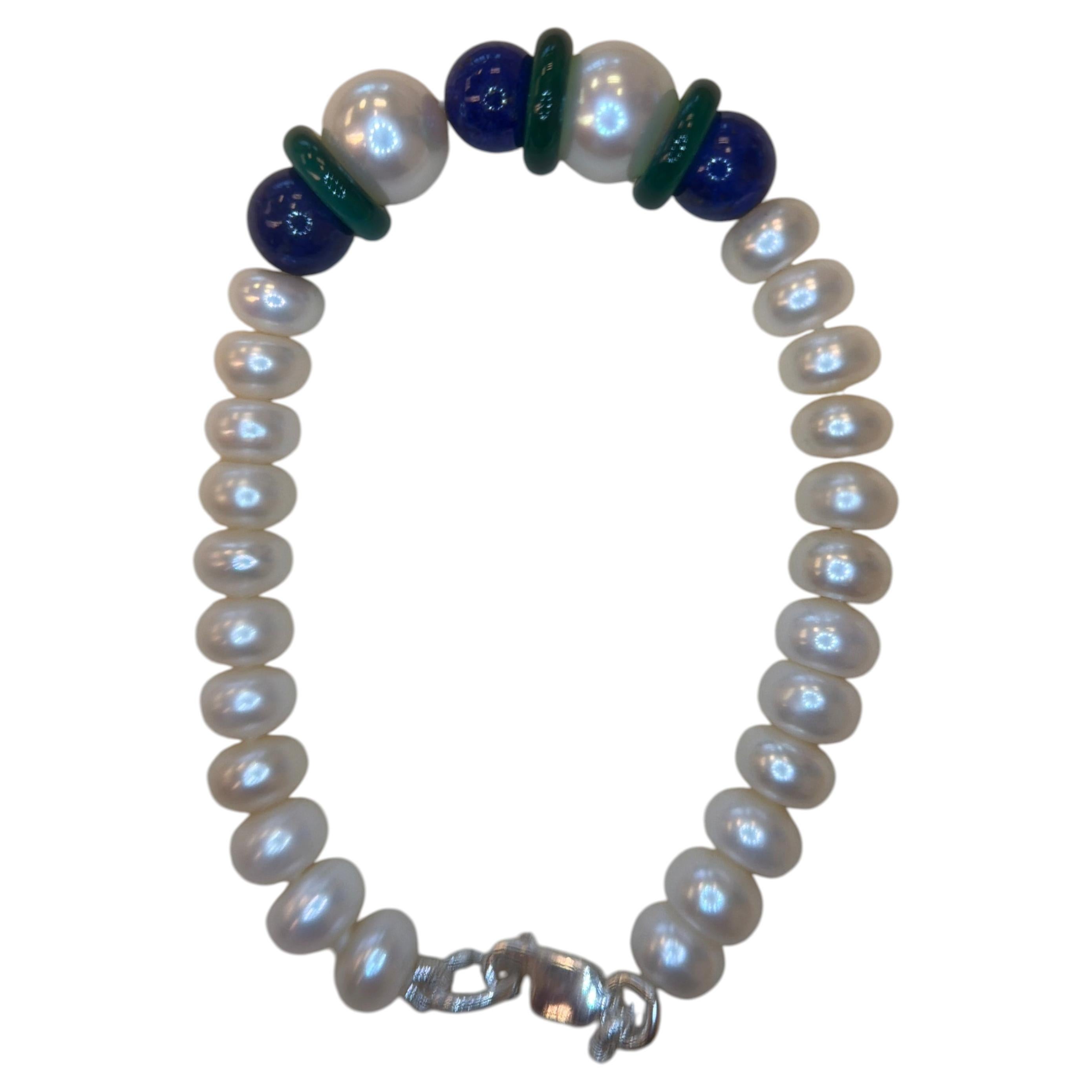 Cultured Pearl Burmese Jade Natural Lapis Lazuli Gold Clasp Bead Bracelet For Sale