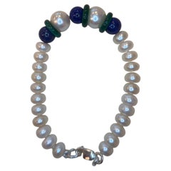 Cultured Pearl Burmese Jade Natural Lapis Lazuli Gold Clasp Bead Bracelet
