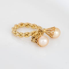Cultured Pearl Charm Ring 70s Vintage 14k Yellow Gold Rope Flex Band Sz 6