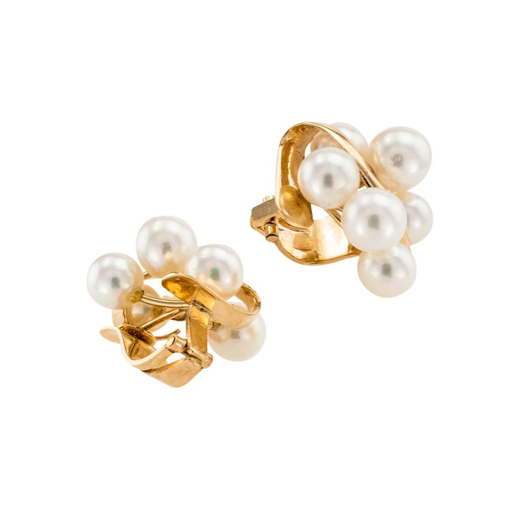 Modern Cultured Pearl Cluster Yellow Gold Clip On Earrings