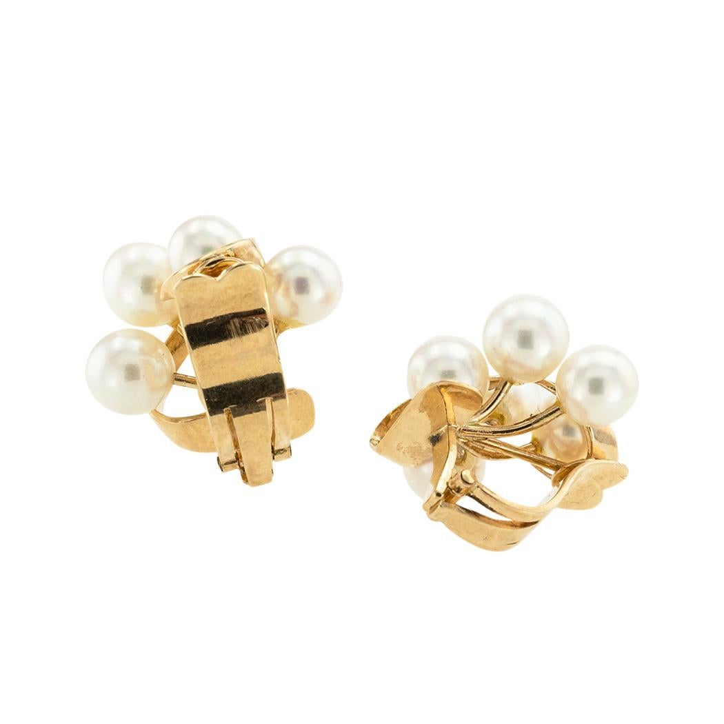 Round Cut Cultured Pearl Cluster Yellow Gold Clip On Earrings