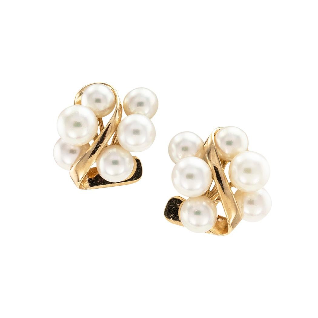 Cultured Pearl Cluster Yellow Gold Clip On Earrings