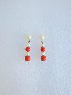 Pearl and Coral 14kt Gold Dangle Drop Earrings, Pair