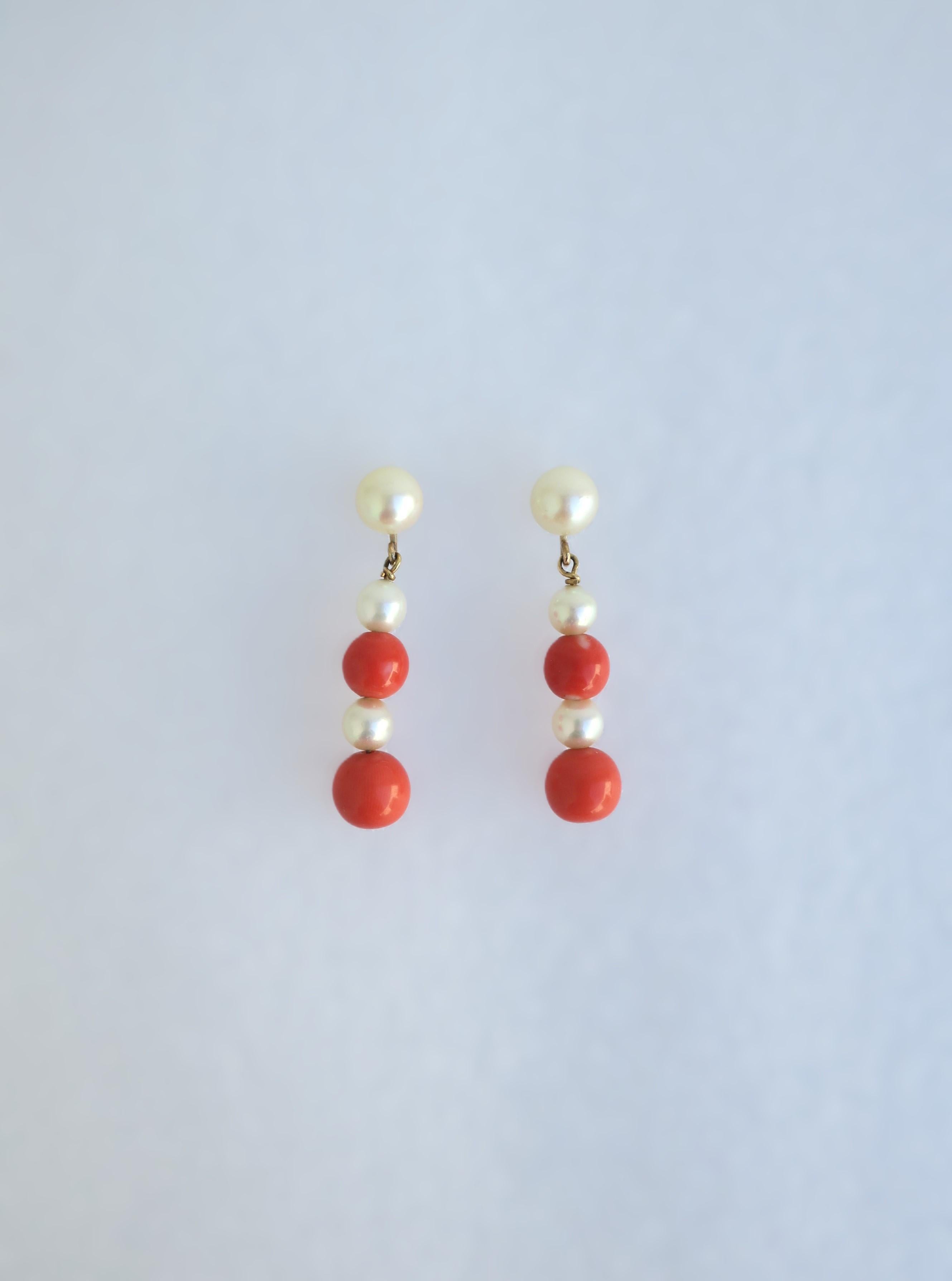 Bead Cultured Pearl Coral and Gold Dangle Earrings, Pair  For Sale
