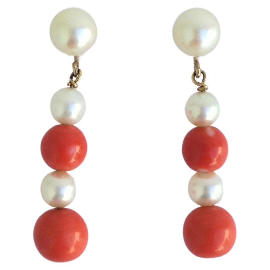 Cultured Pearl Coral and Gold Dangle Earrings, Pair  For Sale