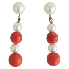 Vintage Cultured Pearl Coral and Gold Dangle Earrings, Pair 