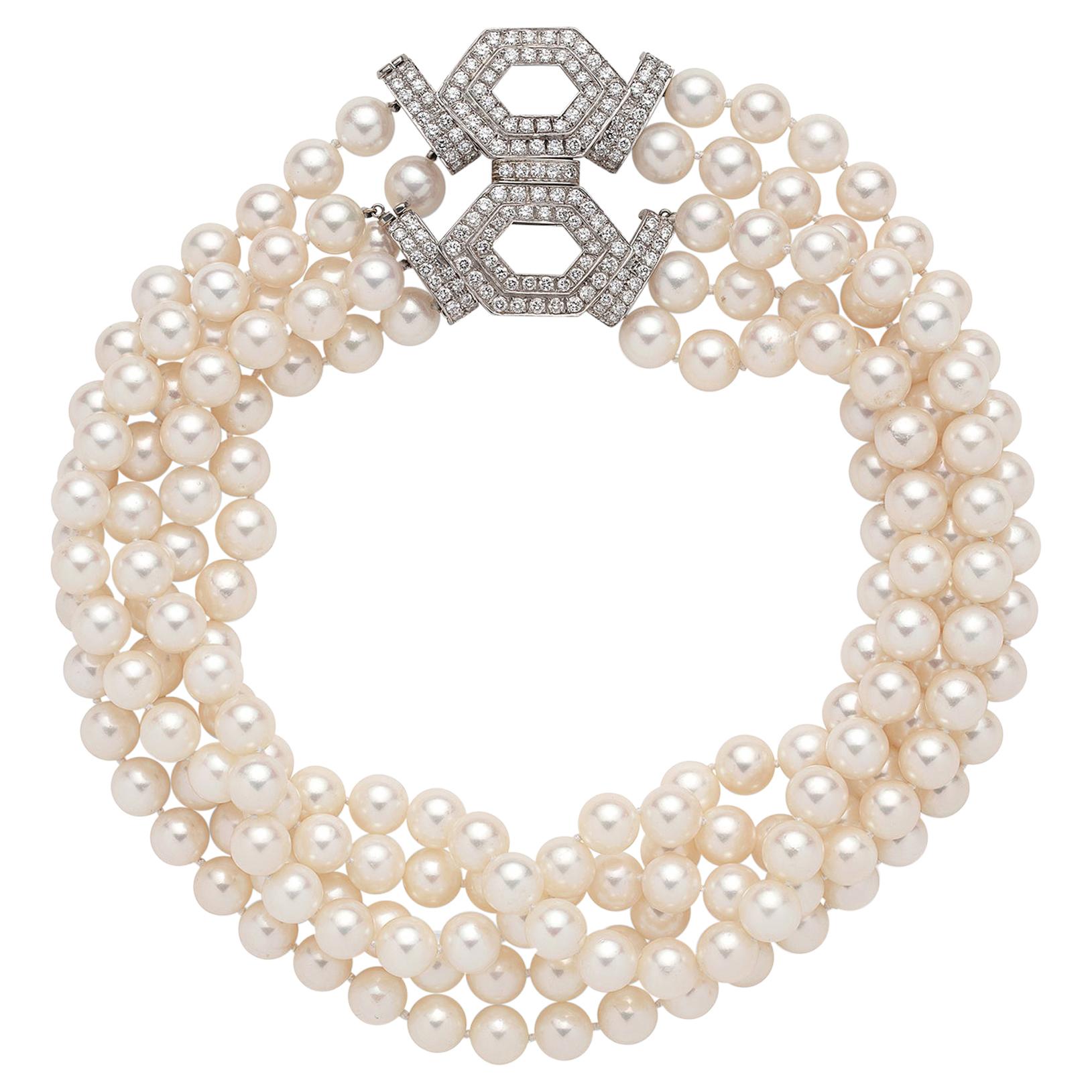 Cultured Pearl, Diamond and 18 Karat White Gold Necklace by Trio