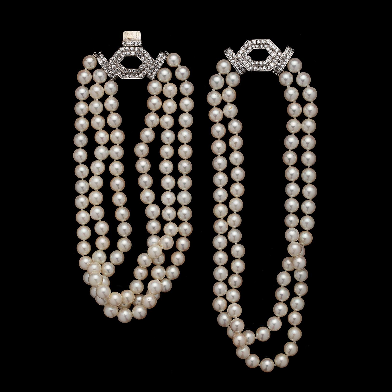 Cultured Pearl, Diamond and 18 Karat White Gold Necklace by Trio In Excellent Condition In San Francisco, CA