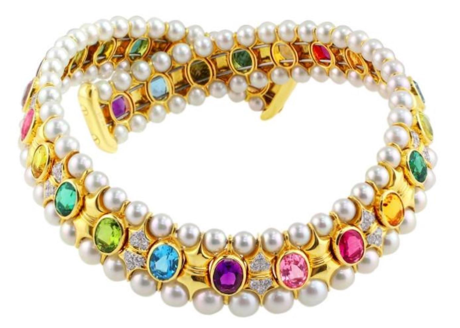 Cultured Pearl, Diamond and Colored Stone Choker Necklace In Excellent Condition For Sale In La Jolla, CA