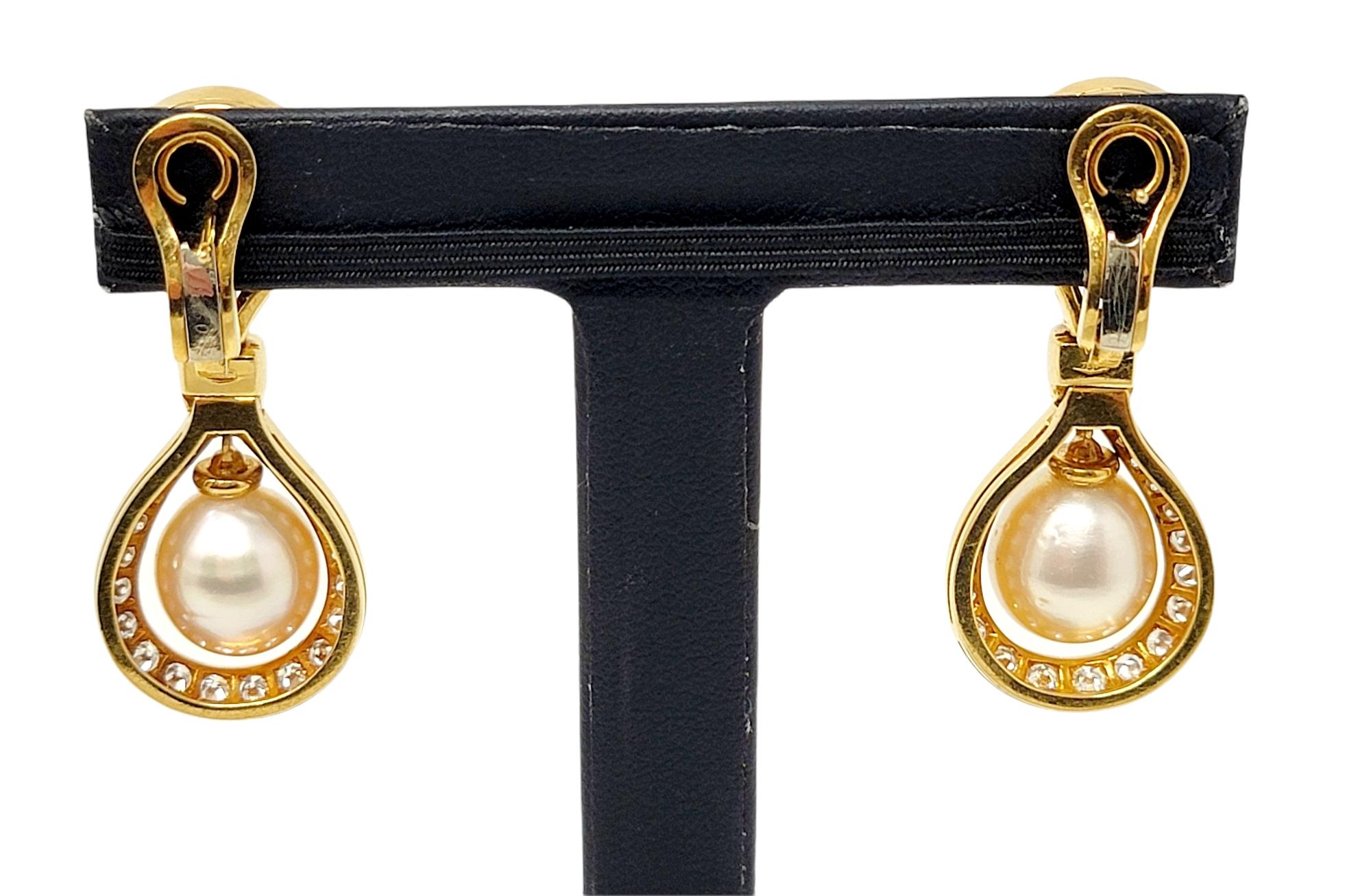 Cultured Pearl, Diamond and Emerald Dangle Earrings in 18 Karat Yellow Gold For Sale 4