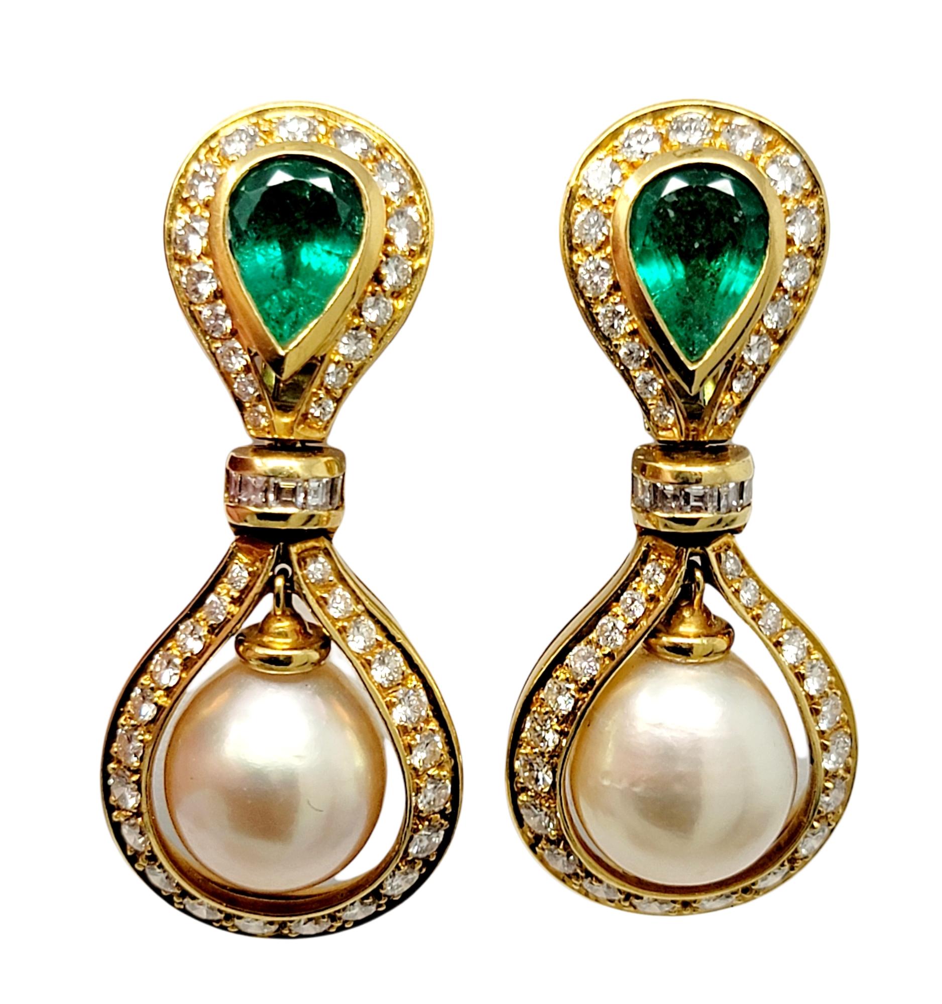 These exquisite dangle earrings exude luxury and elegance. The stunning sparklers are bursting with diamonds, emeralds and pearls for an extravagant look. The gentle movement and length reflects the stones from all angles, making them sparkle