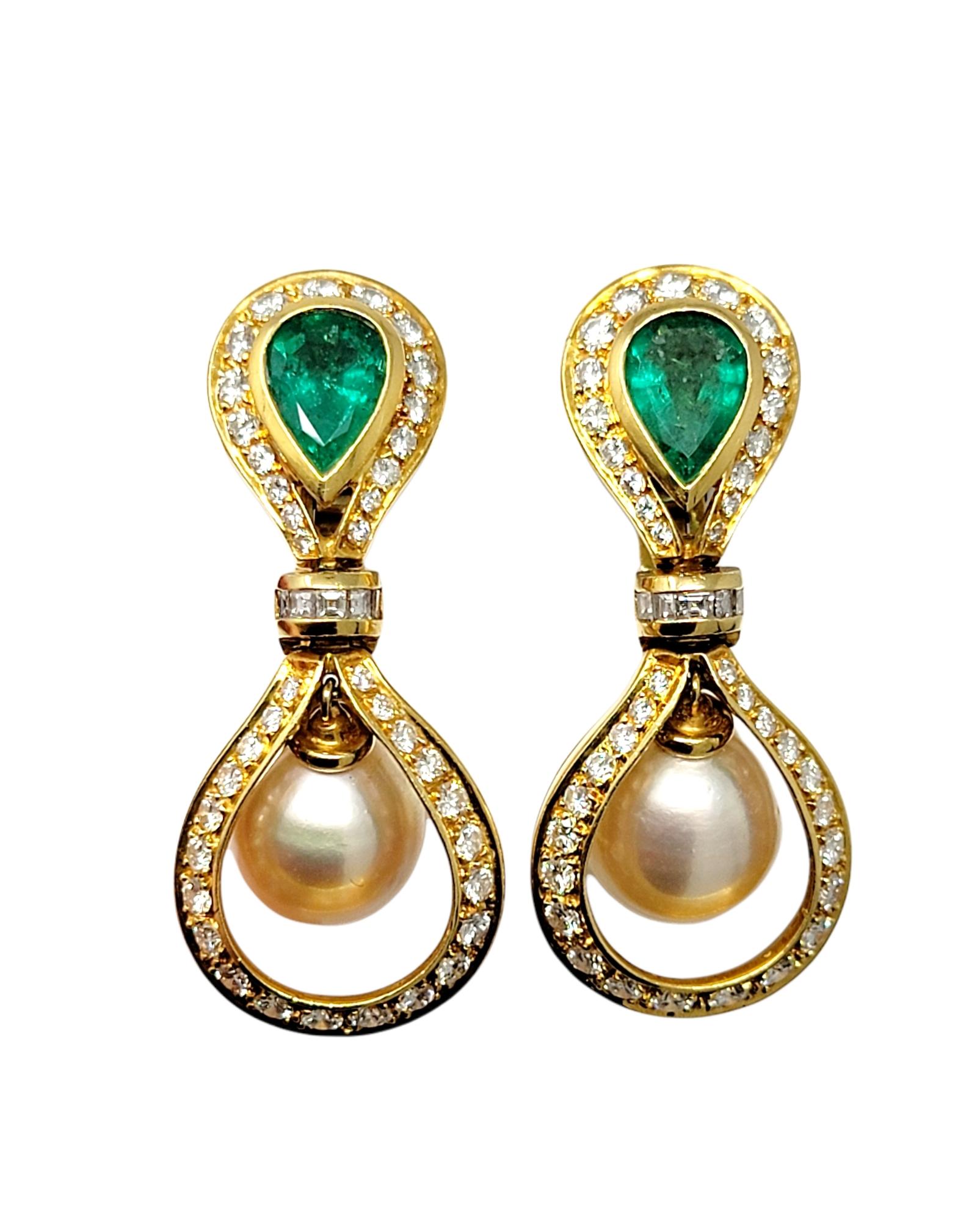 Contemporary Cultured Pearl, Diamond and Emerald Dangle Earrings in 18 Karat Yellow Gold For Sale