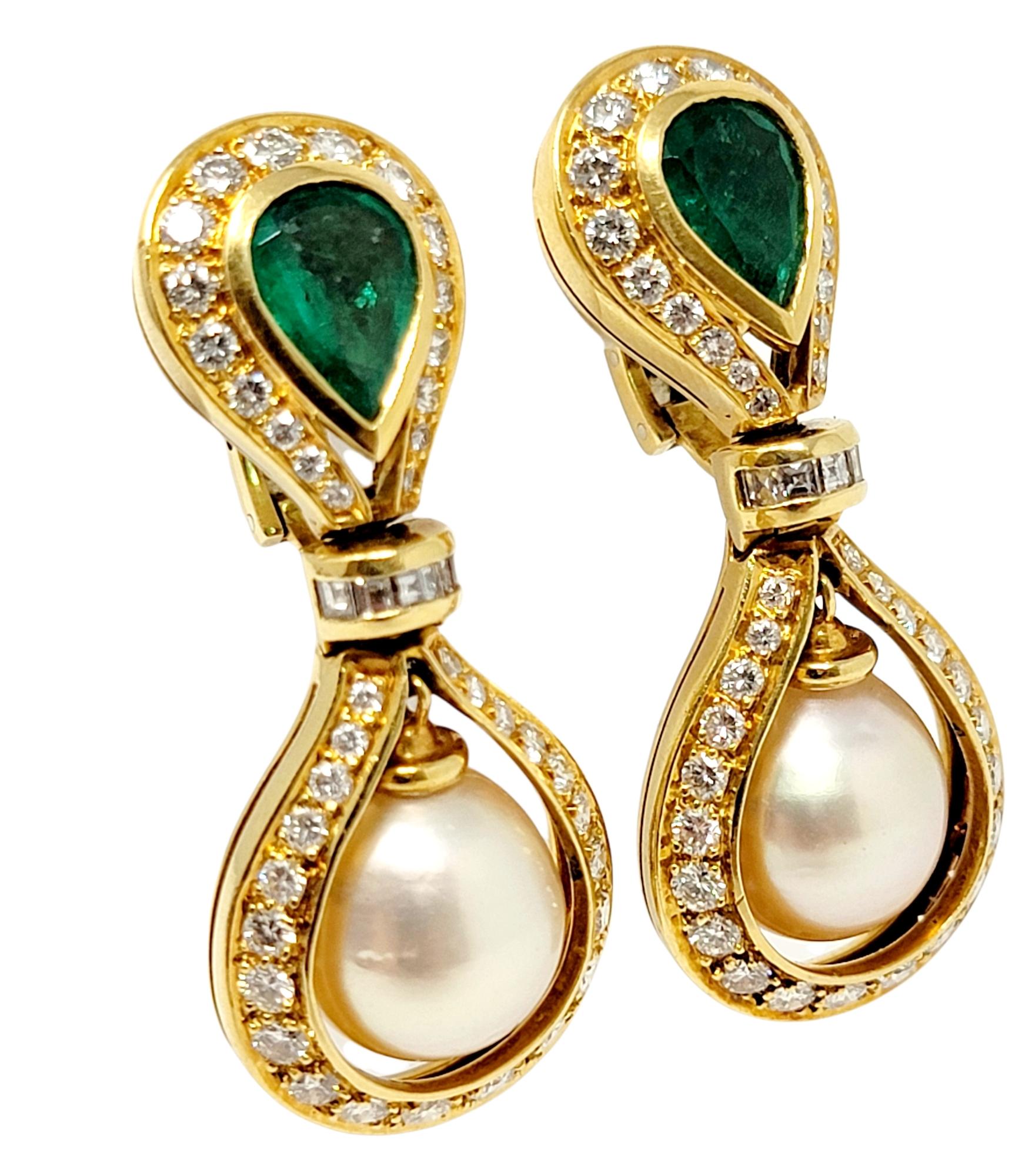 Pear Cut Cultured Pearl, Diamond and Emerald Dangle Earrings in 18 Karat Yellow Gold For Sale