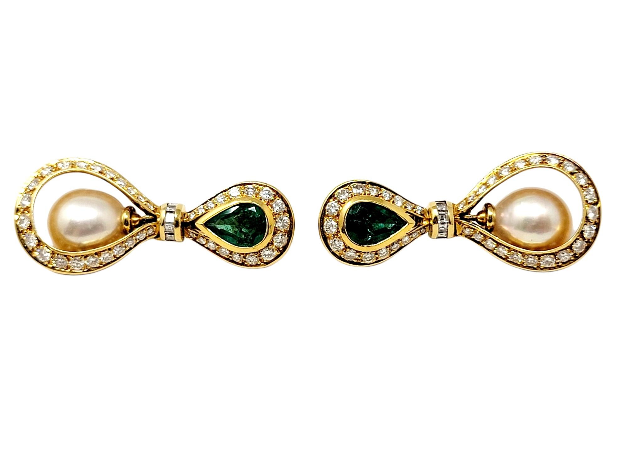 Women's Cultured Pearl, Diamond and Emerald Dangle Earrings in 18 Karat Yellow Gold For Sale