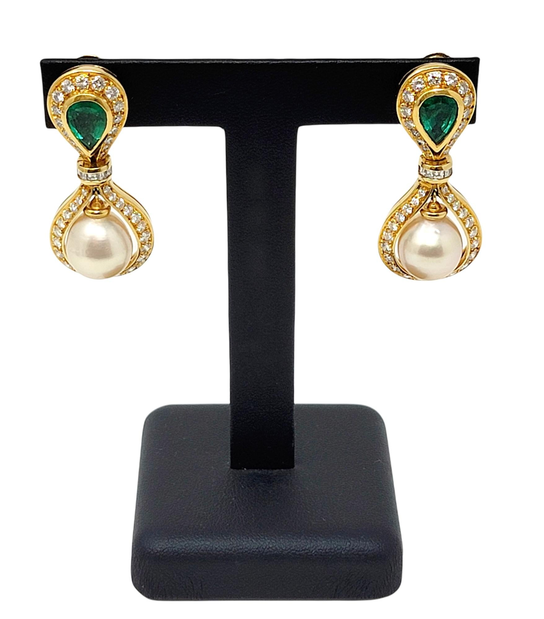 Cultured Pearl, Diamond and Emerald Dangle Earrings in 18 Karat Yellow Gold For Sale 3