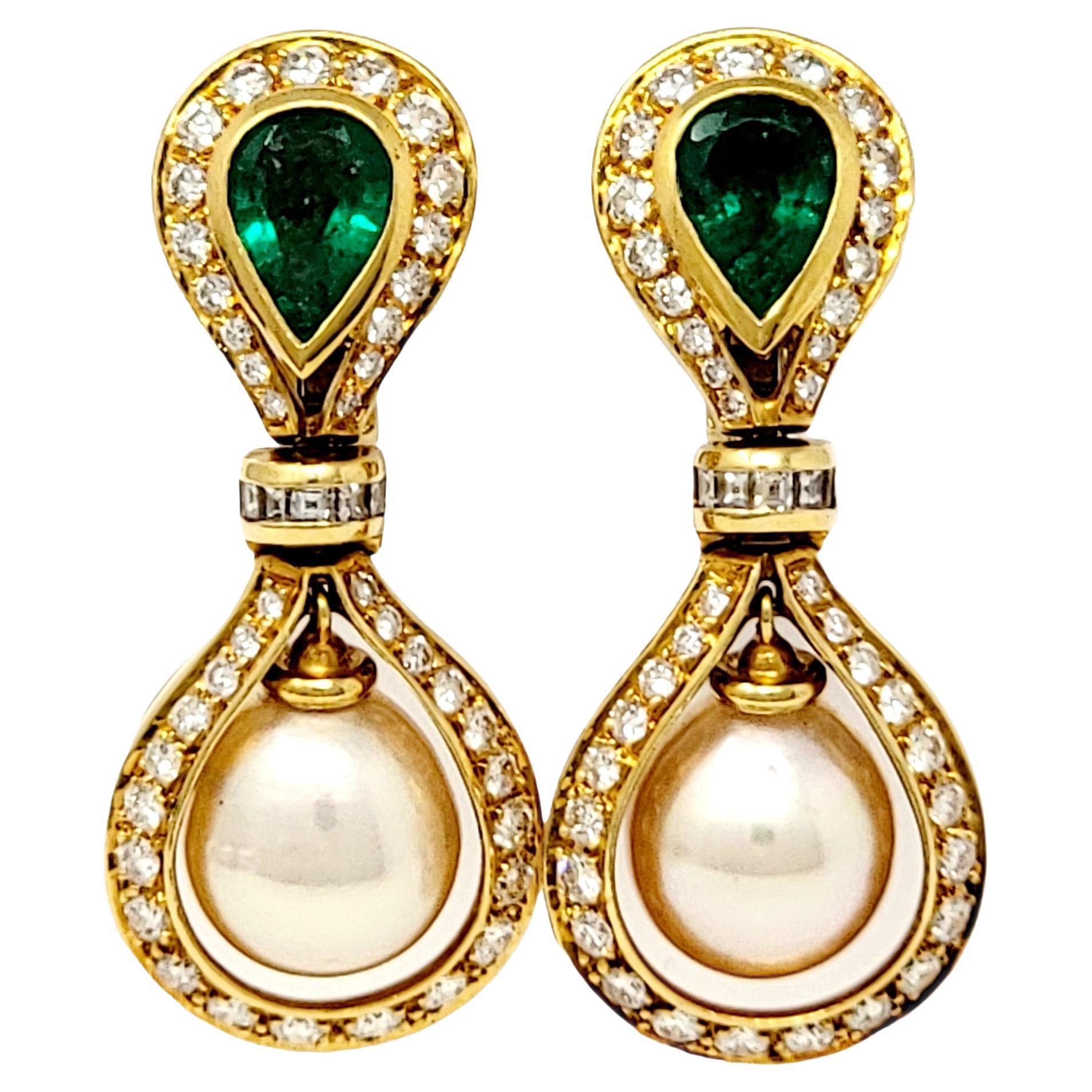 Cultured Pearl, Diamond and Emerald Dangle Earrings in 18 Karat Yellow Gold