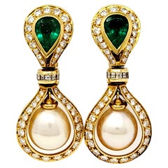 Cultured Pearl, Diamond and Emerald Dangle Earrings in 18 Karat Yellow Gold