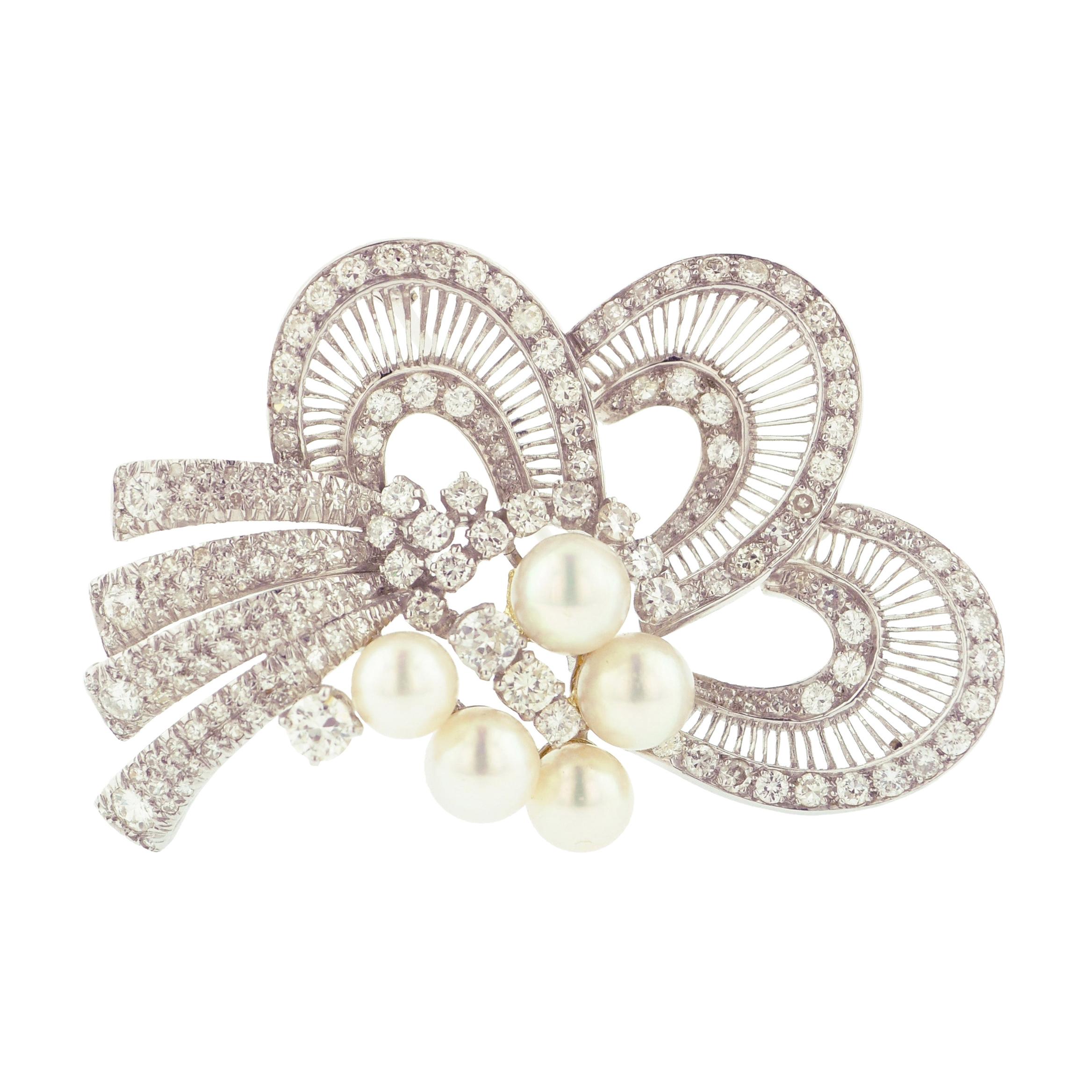 Cultured Pearl Diamond and Gold Brooch For Sale