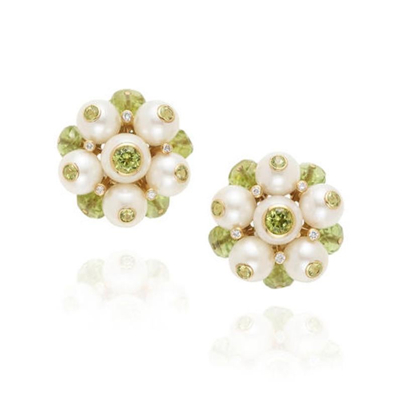 Round Cut Cultured Pearl, Diamond, and Peridot Earrings, Made in 18k Gold by Trianon For Sale