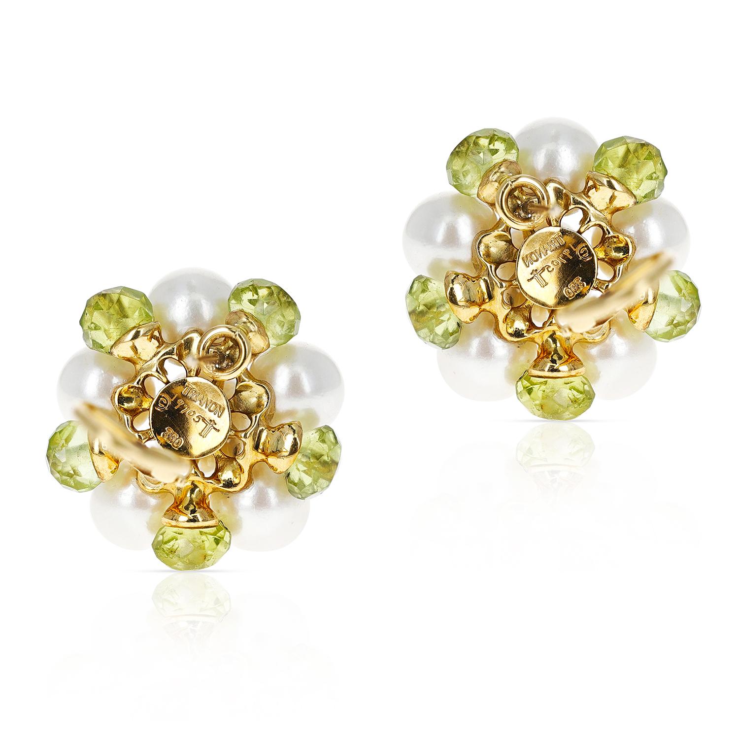 Zuchtperlen-, Diamant- und Peridot-Ohrringe aus 18 Karat Gold von Trianon für Damen oder Herren im Angebot