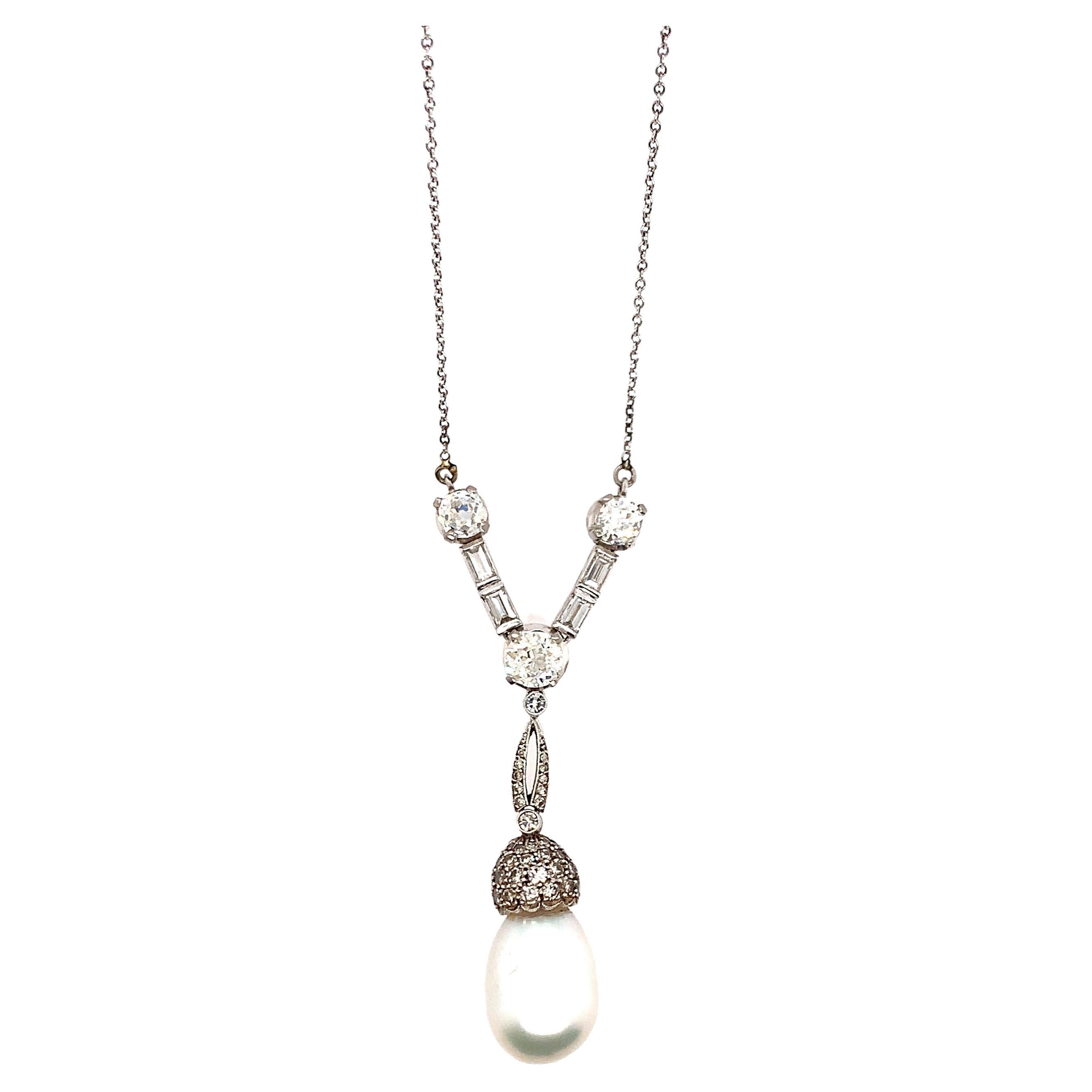 Cultured Pearl, Diamond and Platinum Necklace For Sale