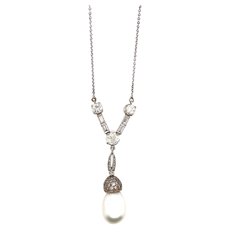 Cultured Pearl, Diamond and Platinum Necklace For Sale at 1stDibs