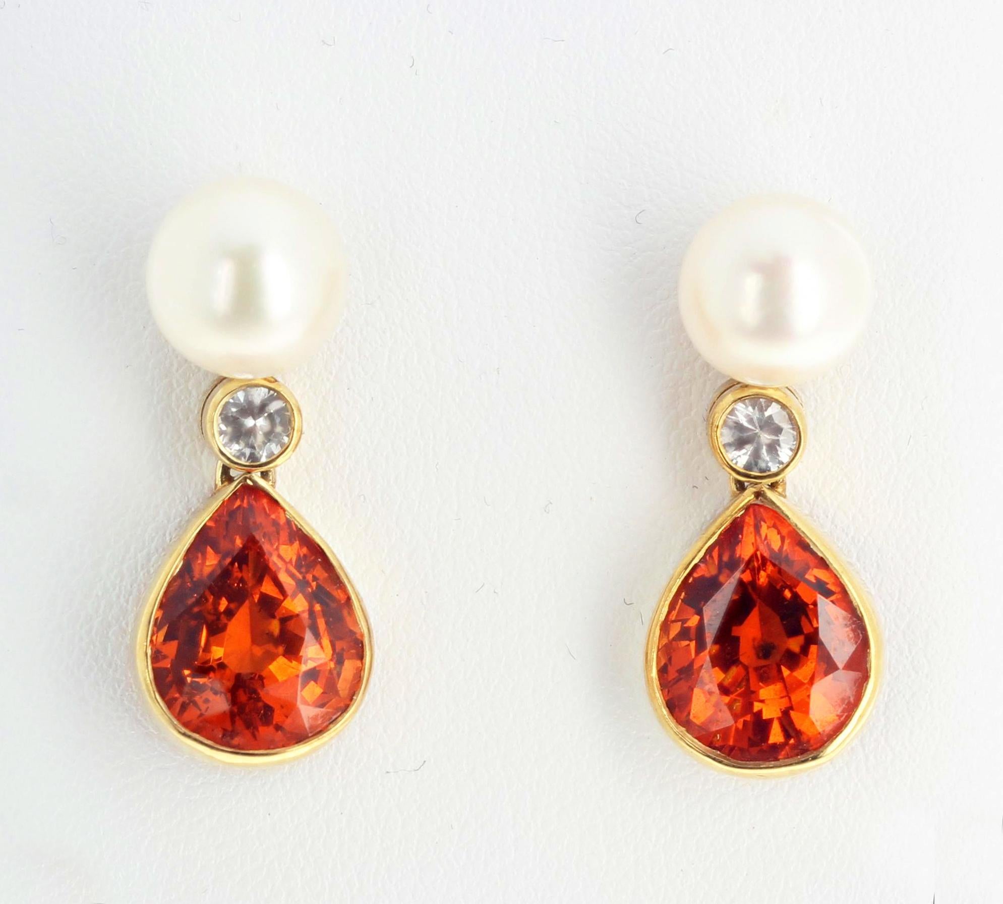 Mixed Cut Exotic Pearl, Diamond &Glittering Orangy Spessartite Garnet Gold Dangle Earrings