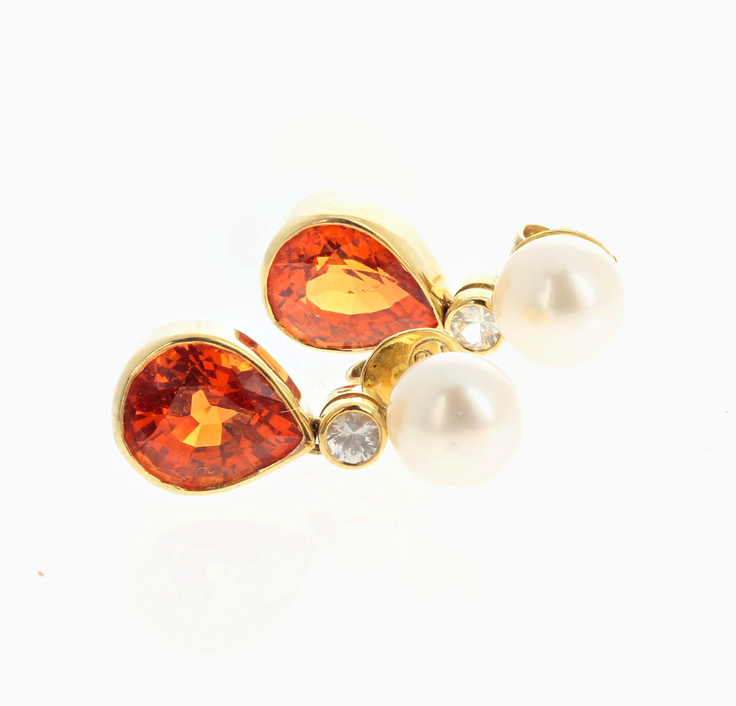 Exotic Pearl, Diamond &Glittering Orangy Spessartite Garnet Gold Dangle Earrings In New Condition In Raleigh, NC