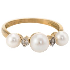 Cultured Pearl Diamond Band Ring 14 Karat Yellow Gold Fine Jewelry