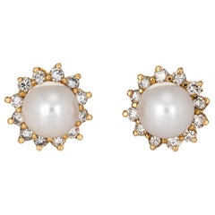 Vintage Cultured Pearl Diamond Earrings Estate 14 Karat Yellow Gold Round Halo Studs