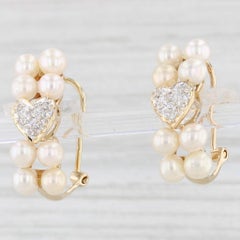 Cultured Pearl Diamond Heart Drop Earrings 14 Yellow Gold Omega Backs J-Hooks