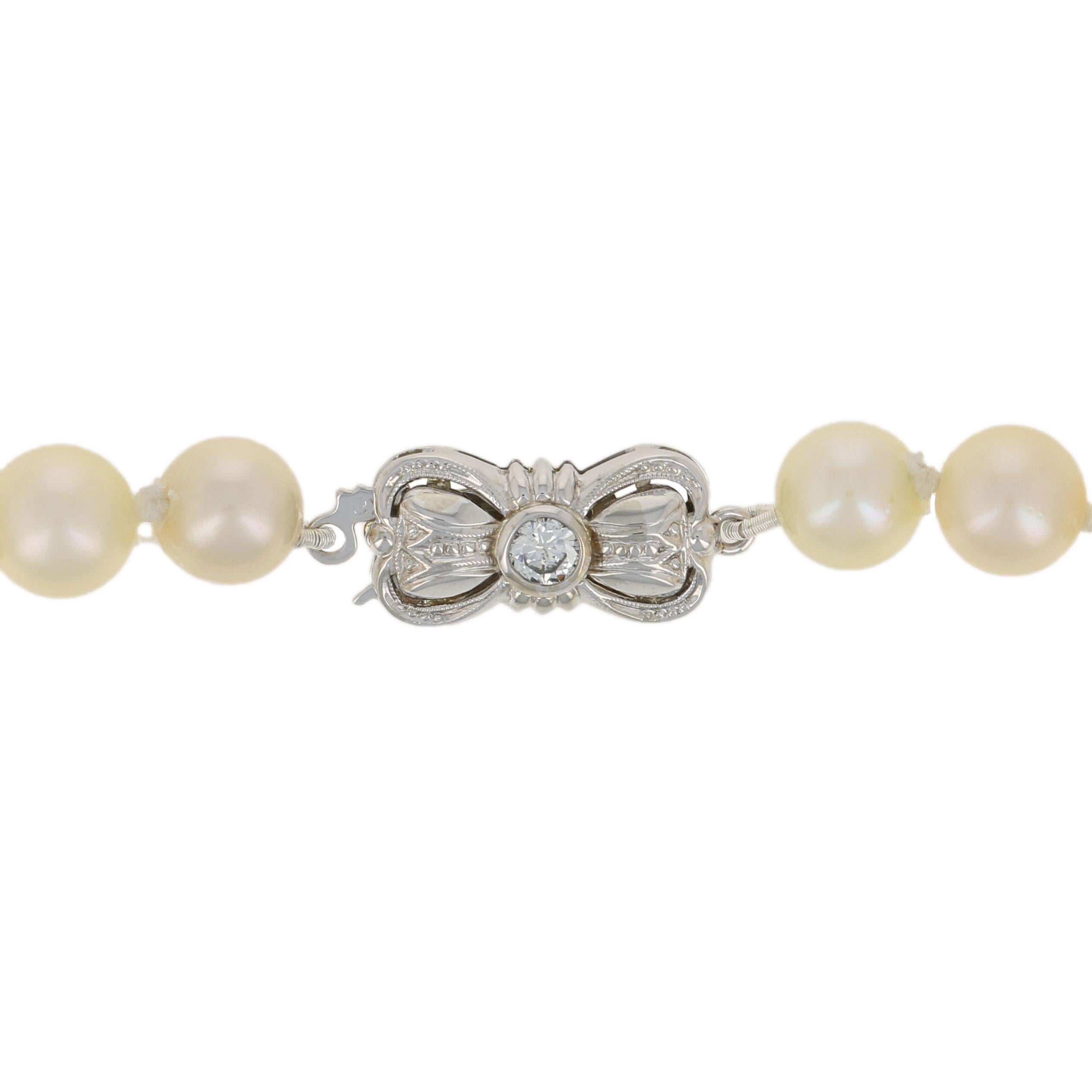 Bead Cultured Pearl & Diamond Necklace, 18k Gold Knotted Strand For Sale